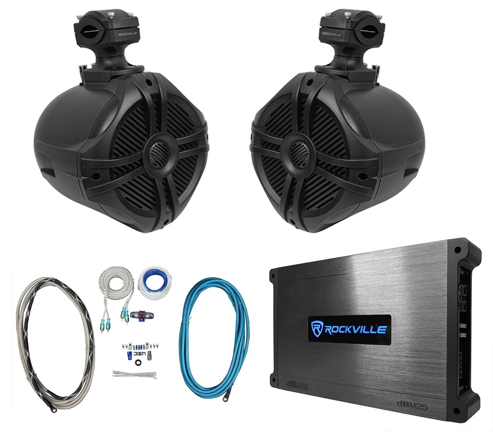 (2) Rockville RWB70B Black 6.5" Marine Wakeboard Swivel Tower Speakers+Amplifier