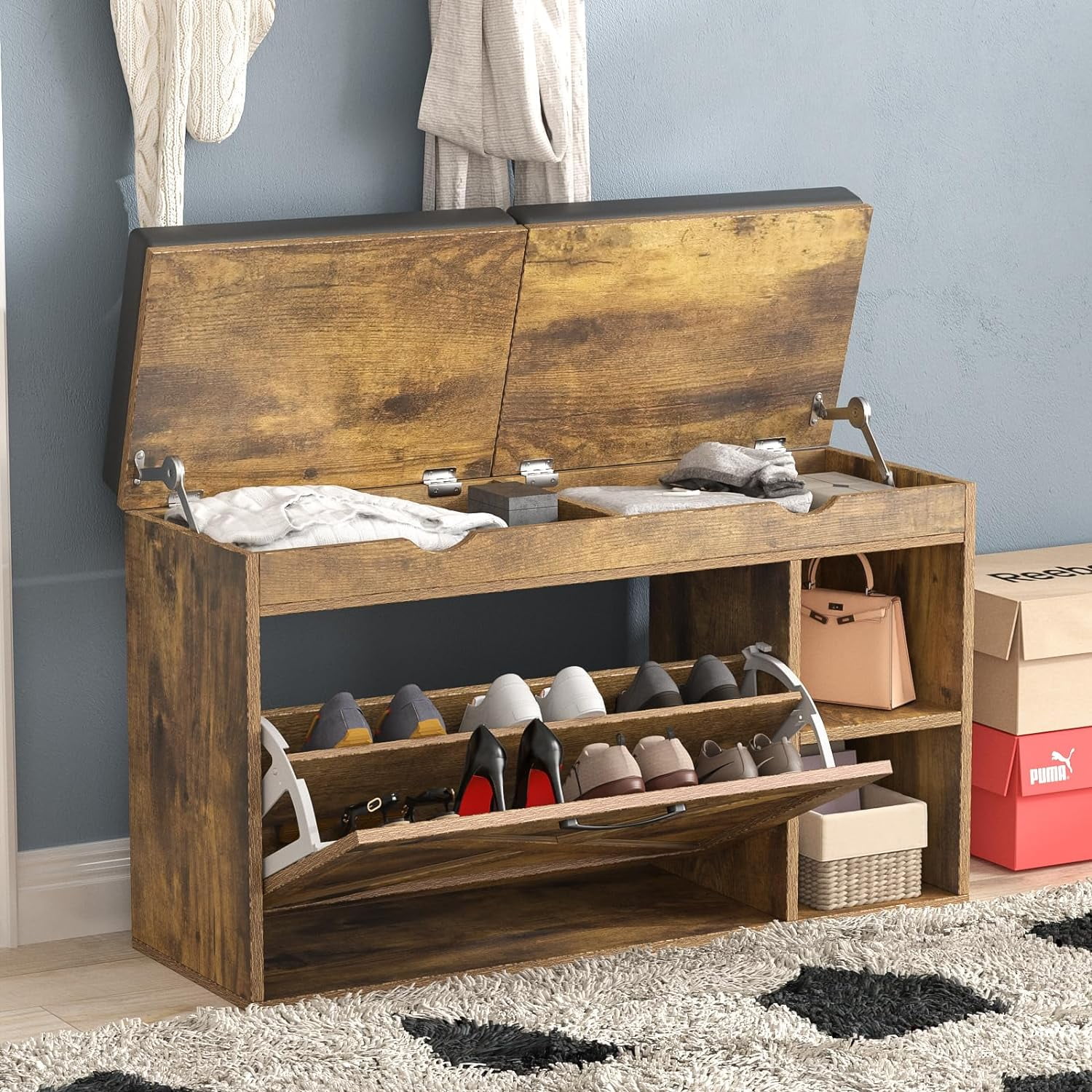 WAGEE Shoe Storage Bench with Flip Drawer, Entryway Bench with 2 Lift Top Storage Boxes, Adjustable Shelf, Narrow Shoe Rack Shoe Cabinet for Entryway Slim, Living Room, Bedroom, Mudroom,Rustic Brown