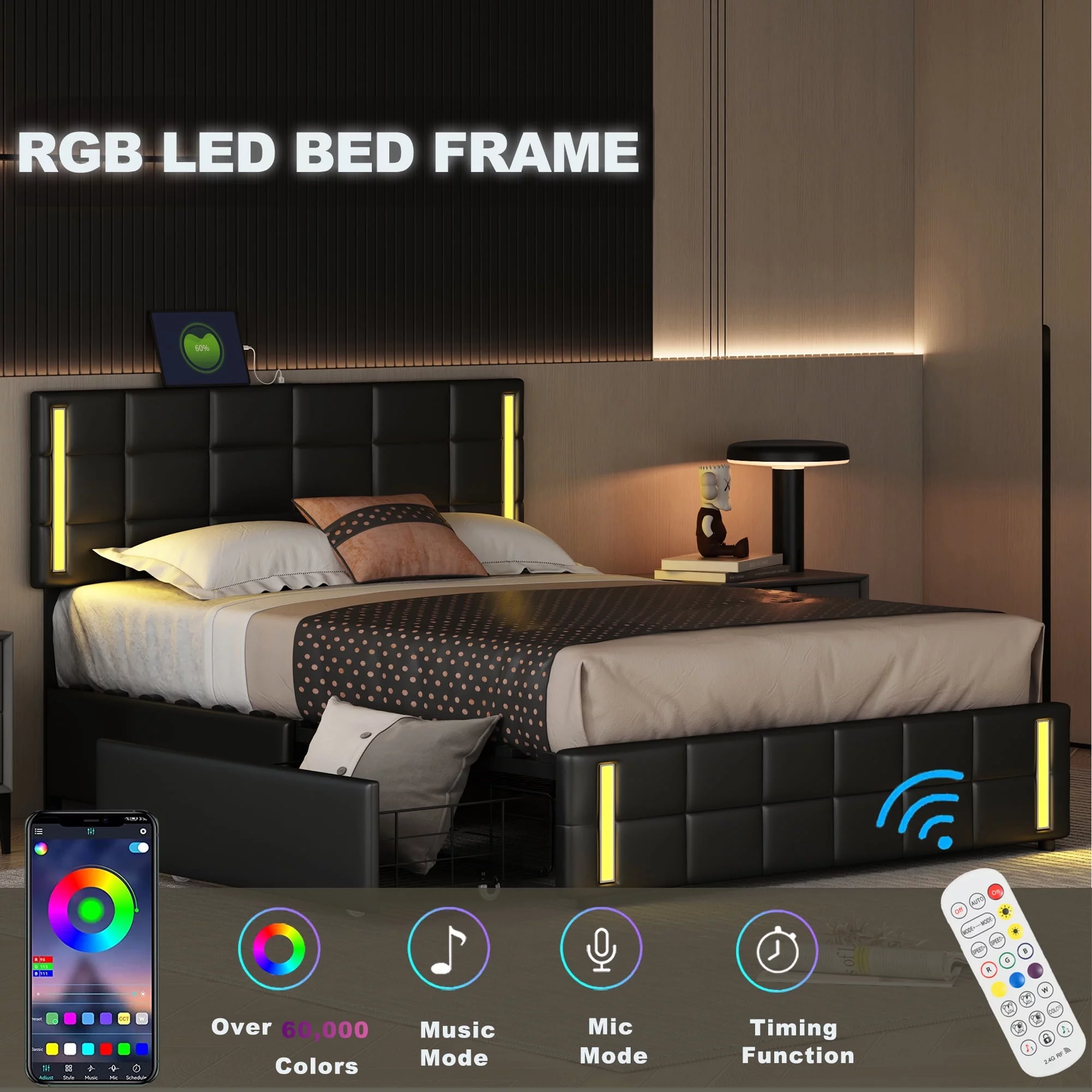 Queen Size Upholstered Platform Bed with LED Lights and USB Charging, Storage Bed with 4 Drawers, Black(Old SKU:WF302558AAB)