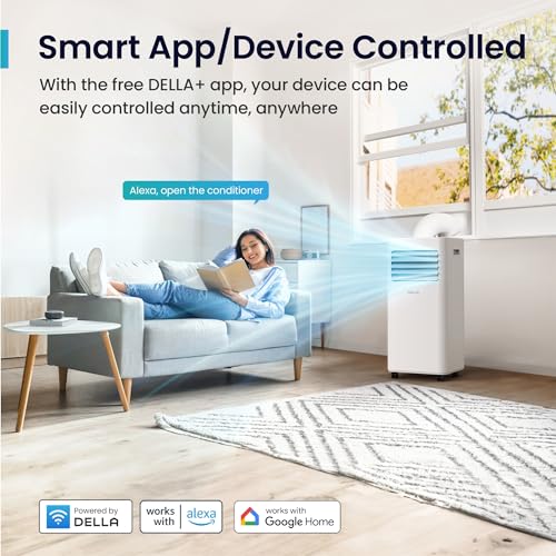 DELLA 14,000 BTU Portable Air Conditioner Cools Up To 650 Sq.Ft, Work with Alexa and WiFi, Geo Fencing, Heat pump, Auto Swing, 3 Speeds Fan, Dehumidifier, Portable AC with Remote Control & Window Kit