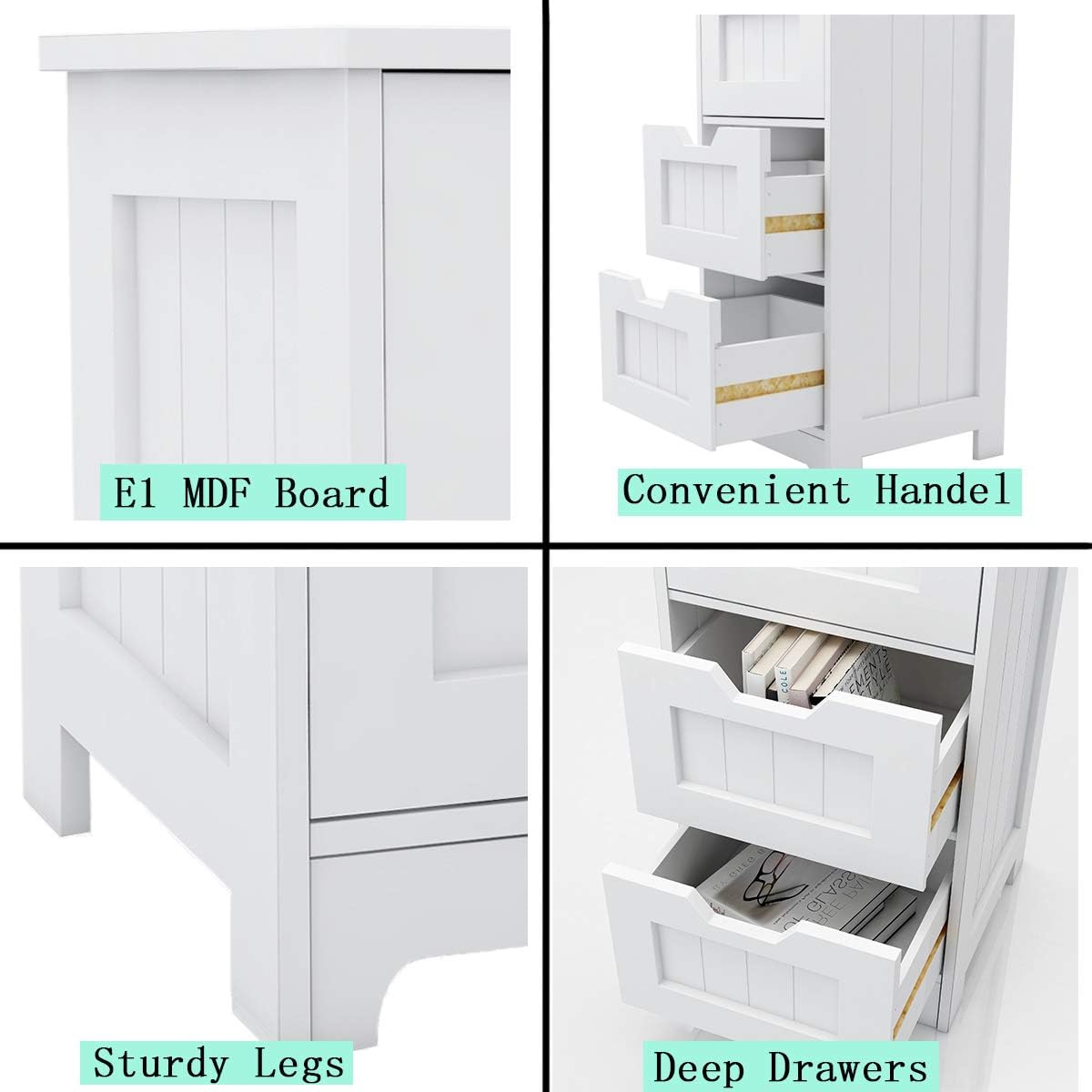 Bathroom Floor Cabinet RASOO White Freestanding Storage Organizer Cabinet with 4 Drawers for Bathroom, Living Room, Kitchen, 11.81x11.81x32.68(LxWxH)