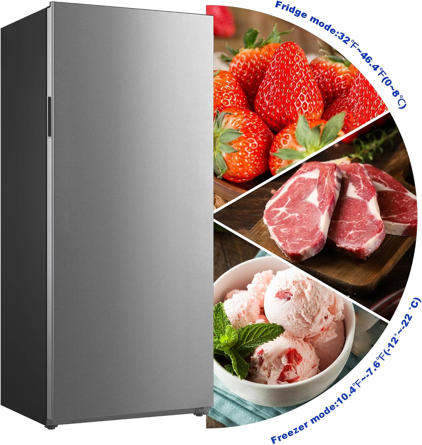 Standing Upright freezers 21 cu.ft, Garage freezer/refrigerator 115v, Quick Freeze, Dual modes, Recessed Handle Single Door, Right, Stainless Steel