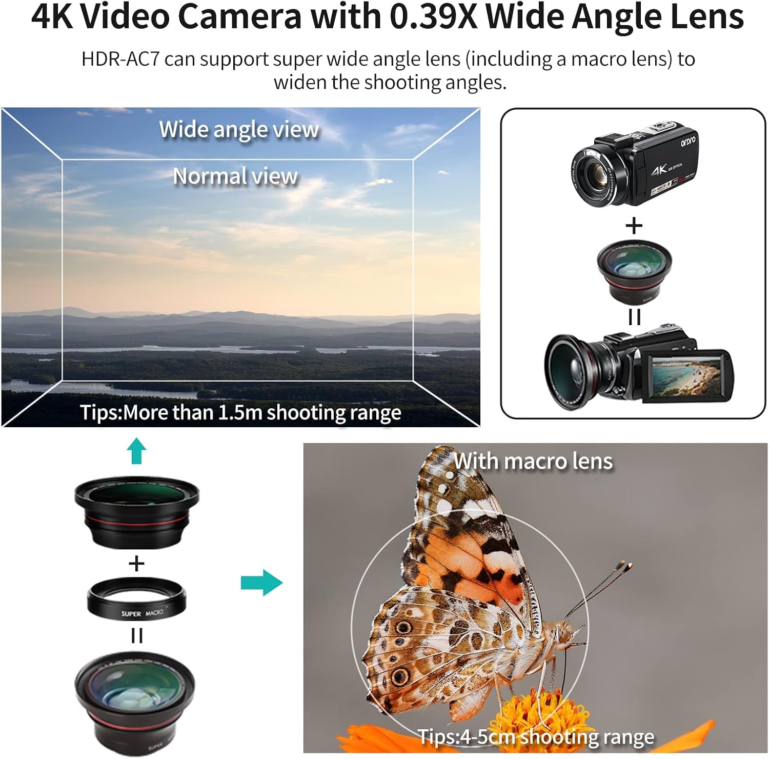 4K Camcorder 10X Optical Zoom Camera ORDRO Ultra HD WiFi Video Camera 120X Zoom Digital Camera 3.1" IPS Touch Screen, Vlog Camera w Microphone, Wide Lens, 2 Batteries, LED Light,Handle,64GB SD Card