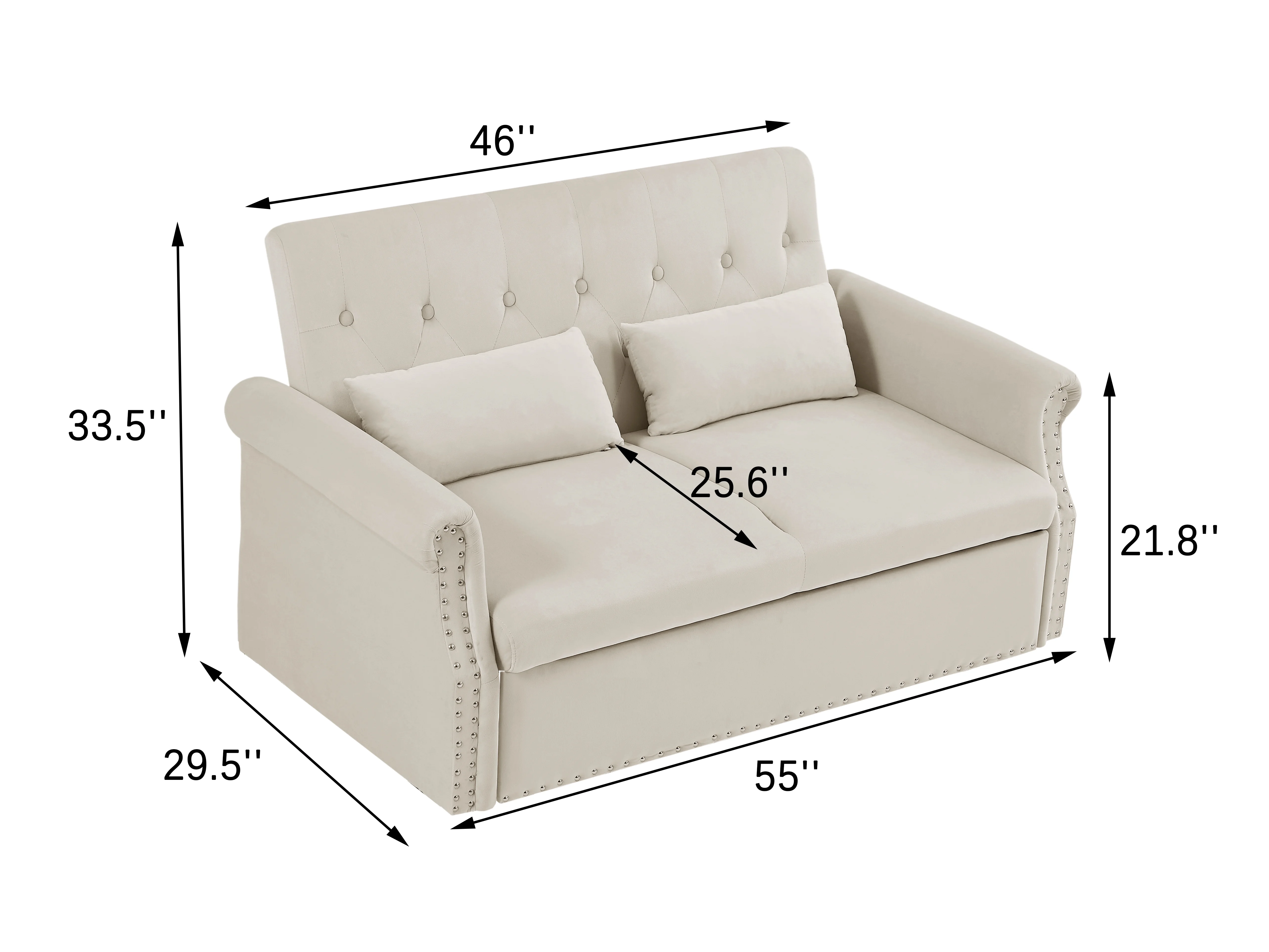 Bellemave 55" Pull Out Sleeper Sofa Bed, Sleeper Loveseats Sofa Couch with Adjustable Backrest, 2 Caster Wheels and 2 Lumbar Pillows for Living Room Bedroom Apartment Office (Beige)