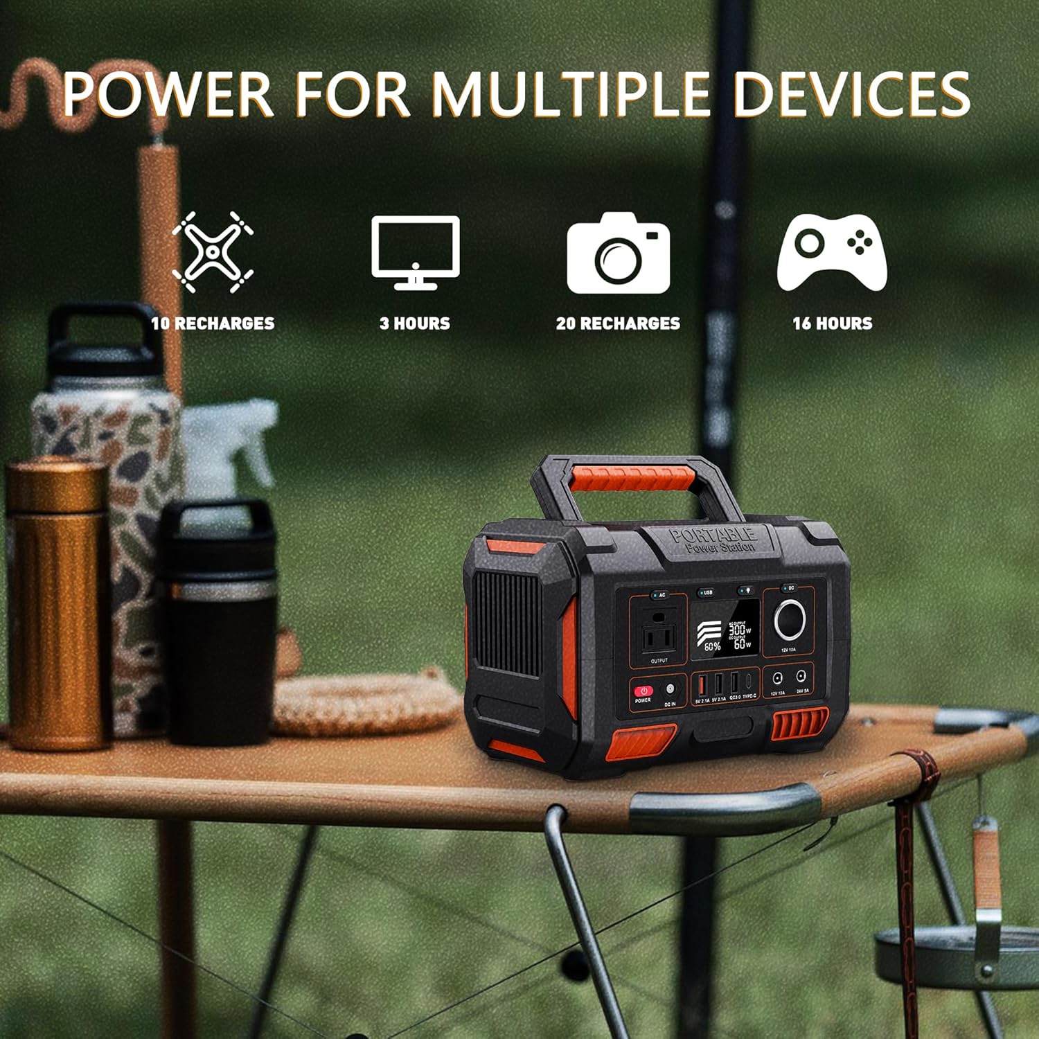 Portable Power Station 300W, 288Wh/78000mAh Solar Generator with 110V AC Outlet/3 DC Ports/4 USB Ports, Flashlight, Wireless Charging, Backup Battery for Outdoors Camping Travel Hunting Home