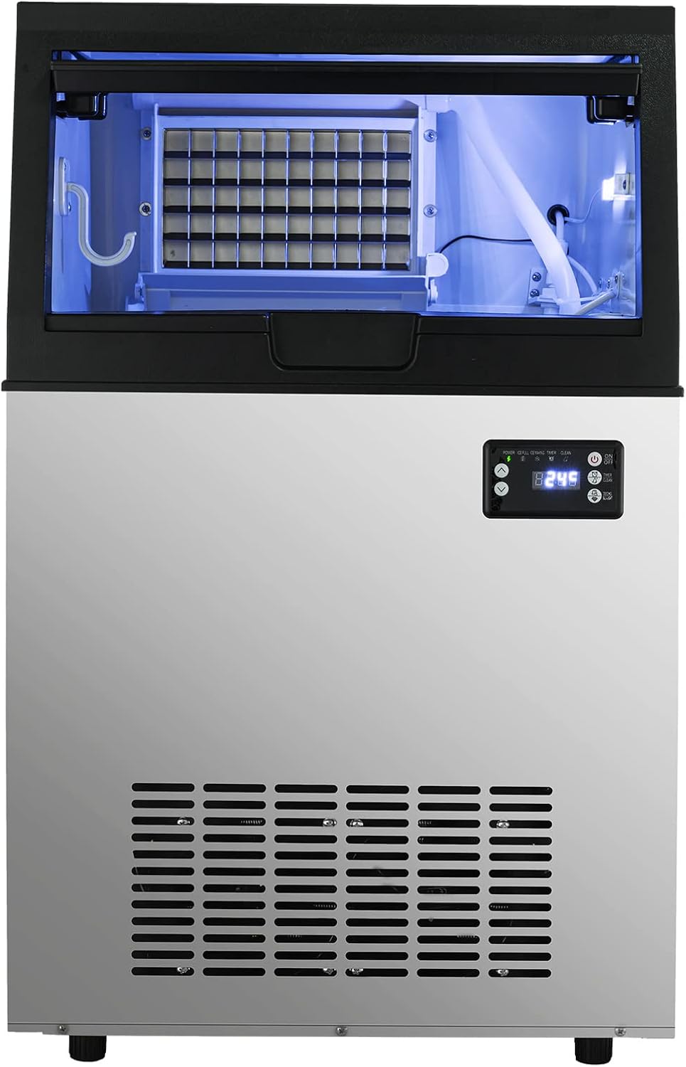 Commercial Ice Maker Machine, Freestanding Ice Maker Machine 132lbs/24H with 33lbs Ice Storage Capacity, Stainless Steel Ice Machine Ideal for Coffee Shop, Restaurants, Homes and Offices