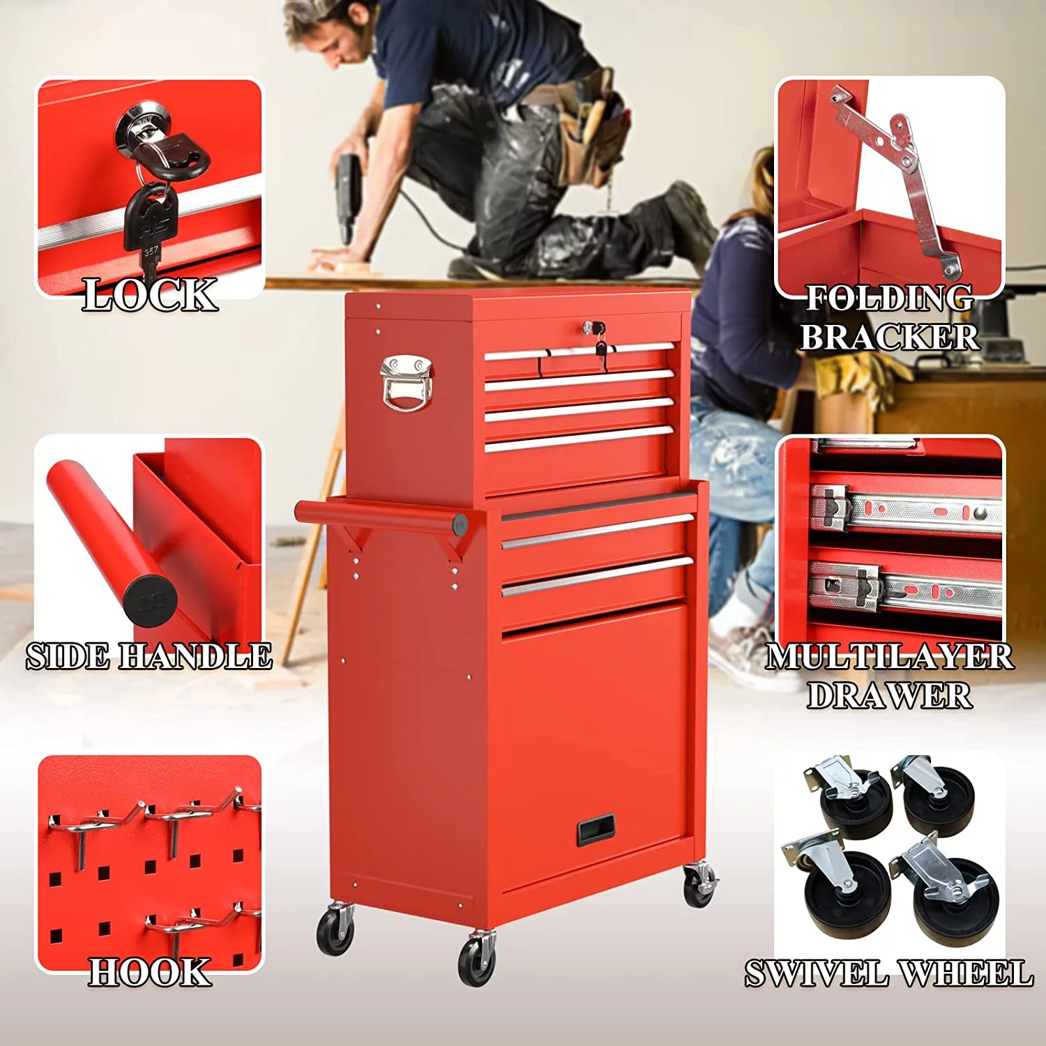 Rolling Tool Chest with Wheels and 8 Drawers, Detachable Large Toolbox Storage Cabinet with Lock,Locking Mechanic Tool Cart for Warehouse, Workshop,Garage,Blue
