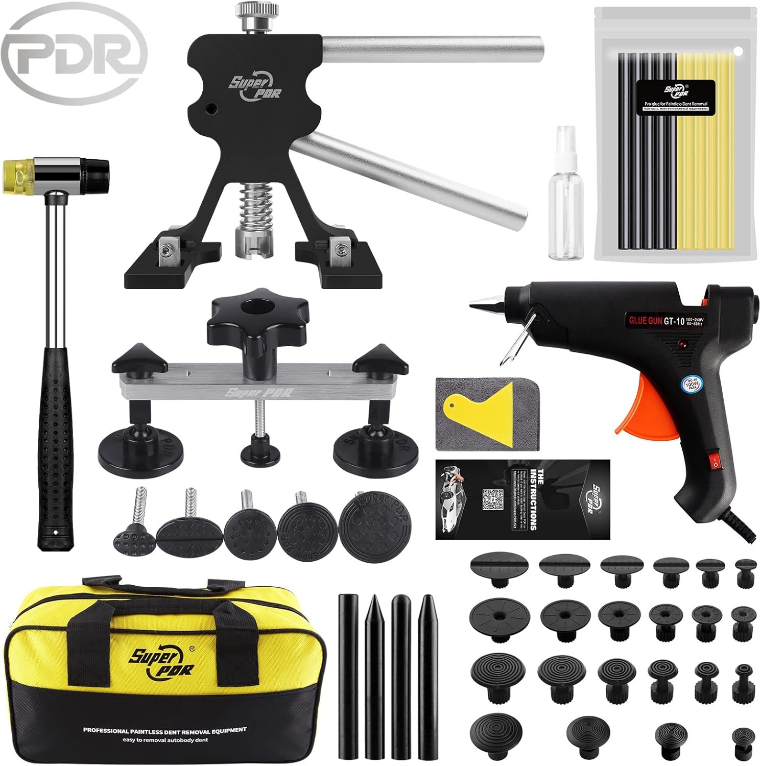 Super PDR Paintless Dent Repair Kit, Black Dent Remover Tool Auto Body Dent Removal Kit with Double Pole Bridge Dent Puller for Auto Body Tools Pack of 2