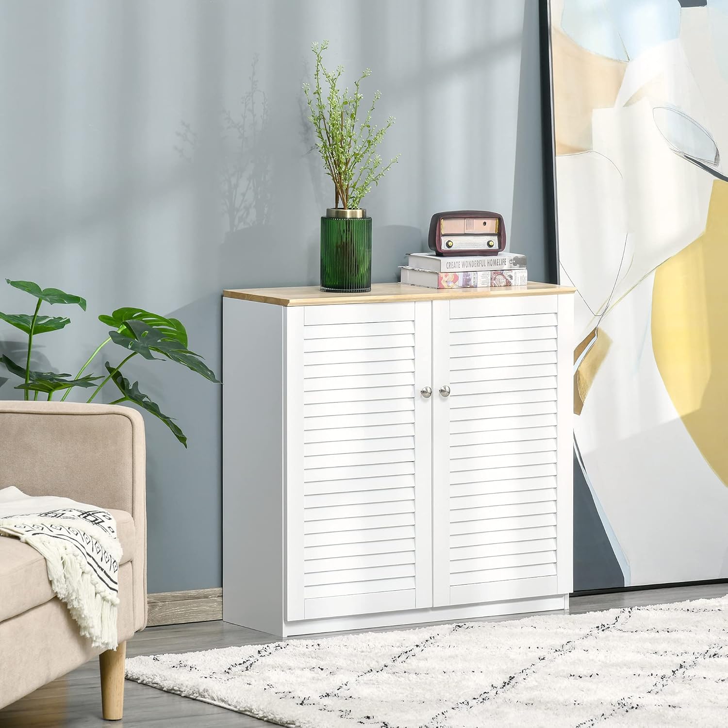 HOMCOM Storage Cabinet Kitchen Sideboard with Louvered Doors, Freestanding Floor Cabinet for Living Room, Hallway, White