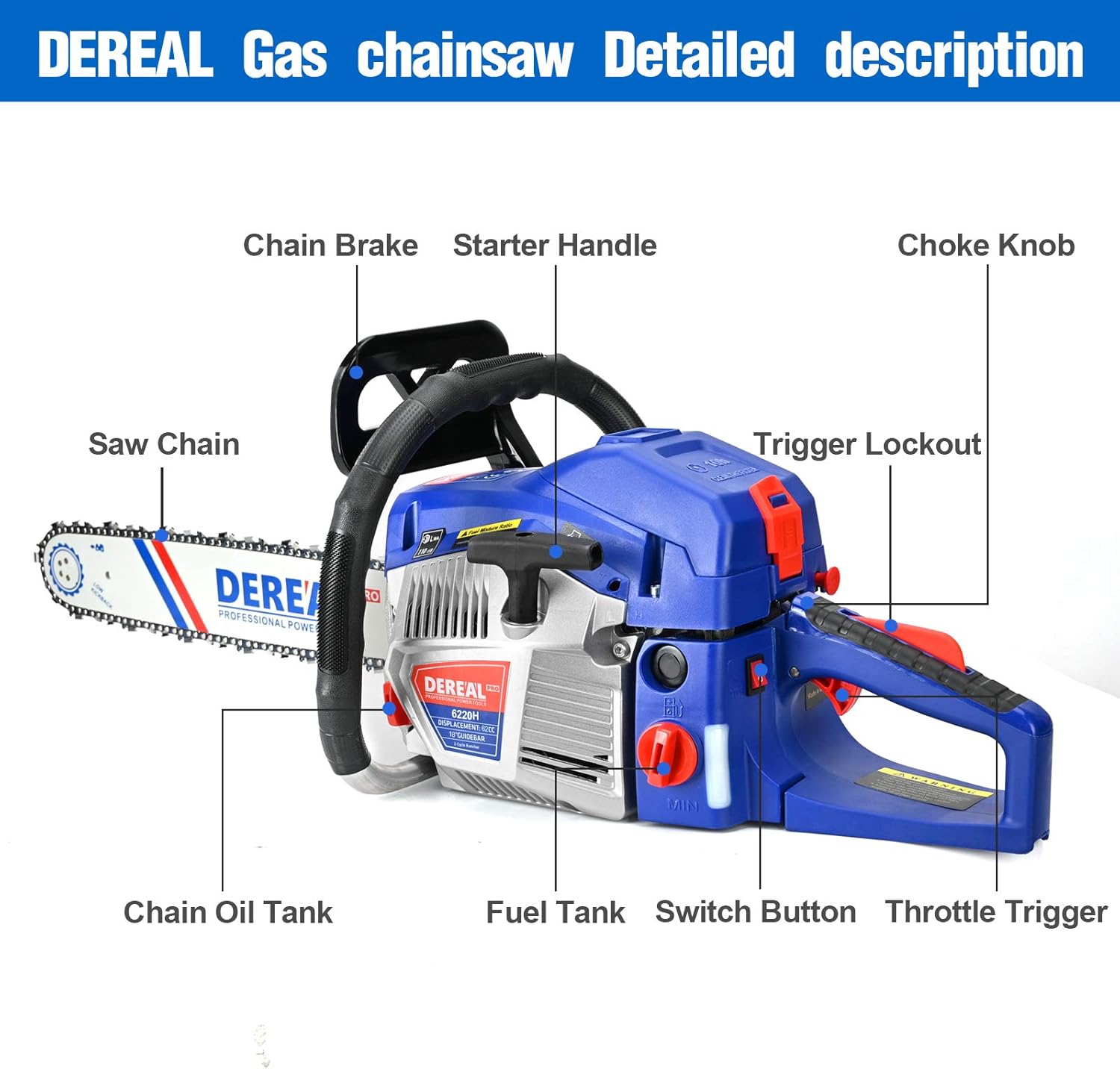 DEREAL Pro 6220H 62CC-2-Cycle Updated Version Gas-Chainsaw, 18-Inch Gas Powered Chainsaw, Cordless Petrol Gasoline Chain Saw for Trees Farm, Garden and Ranch