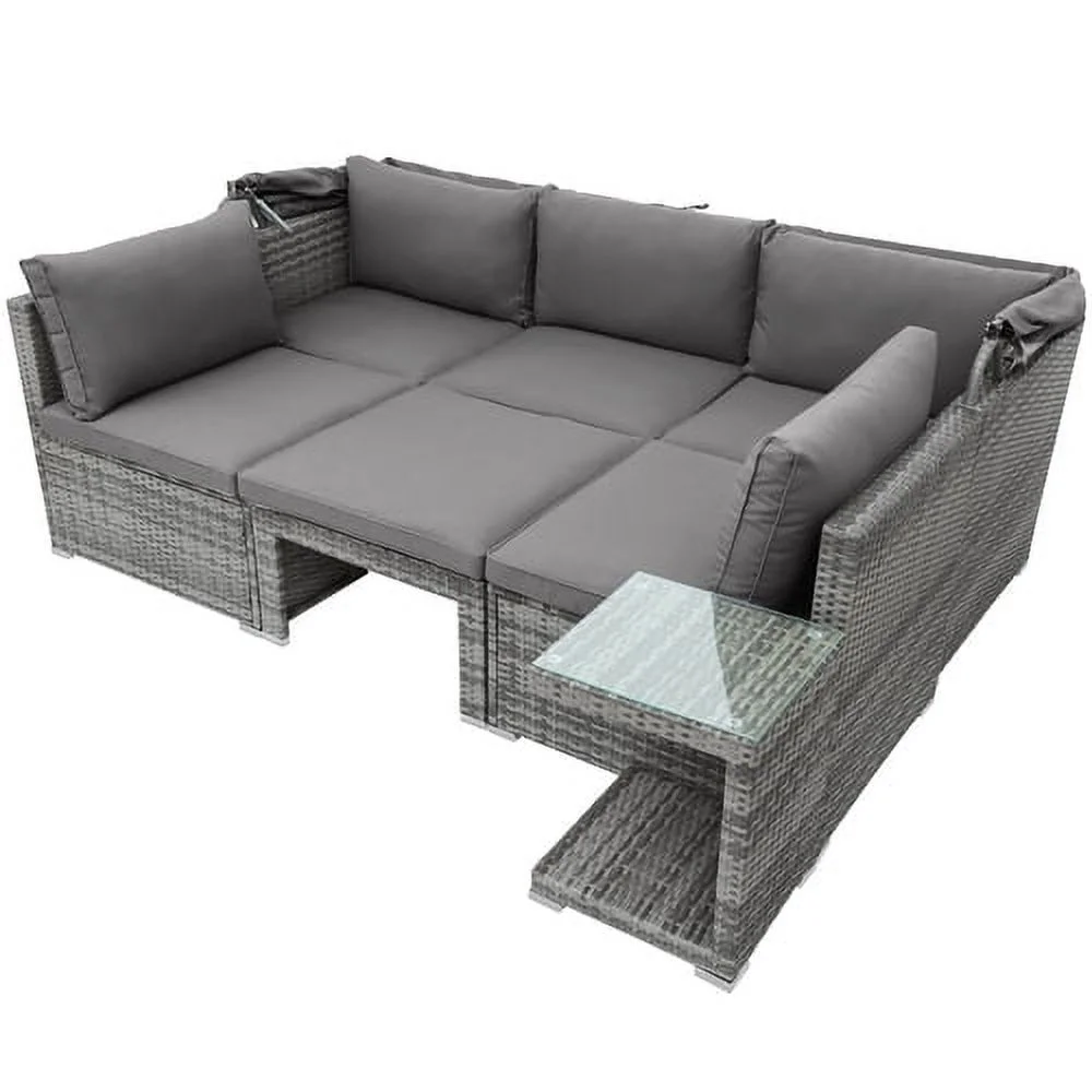 Churanty 5 Pieces Outdoor Conversation Wicker Furniture Set Sectional Patio Rattan Sofa Set Rattan Daybed with Canopy and Glass Side Table, Gray