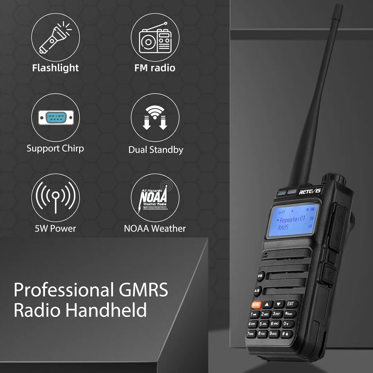 Retevis RA85 GMRS Radio Handheld, 5W Two Way Radio Long Range Rechargeable, Walkie Talkies with Speak Mic, NOAA,USB-C, for Road Trip, Off Road, Survival(2 Pack) Pack of 2