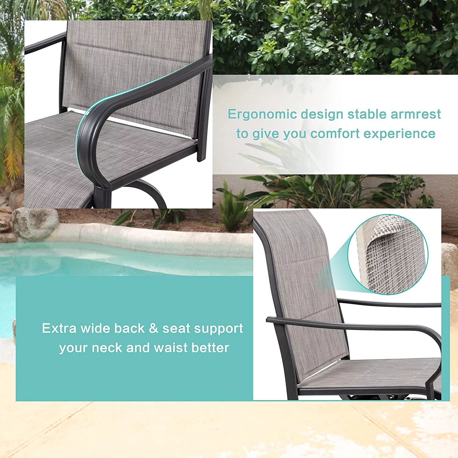 Sobaniilo 4 Pieces Outdoor Patio Swivel Bar Stools, All Weather Padded Sling Textilene High Top Bar Chairs, Bistro Set for Backyard, Lawn Garden, Balcony, Gray