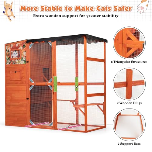 COZIWOW Large Wood Cat Catio, Outdoor Enclosure with Weatherproof Roof, 2 Resting Rooms, 2 Platforms, 4-Tier Cat Playpen, Orange