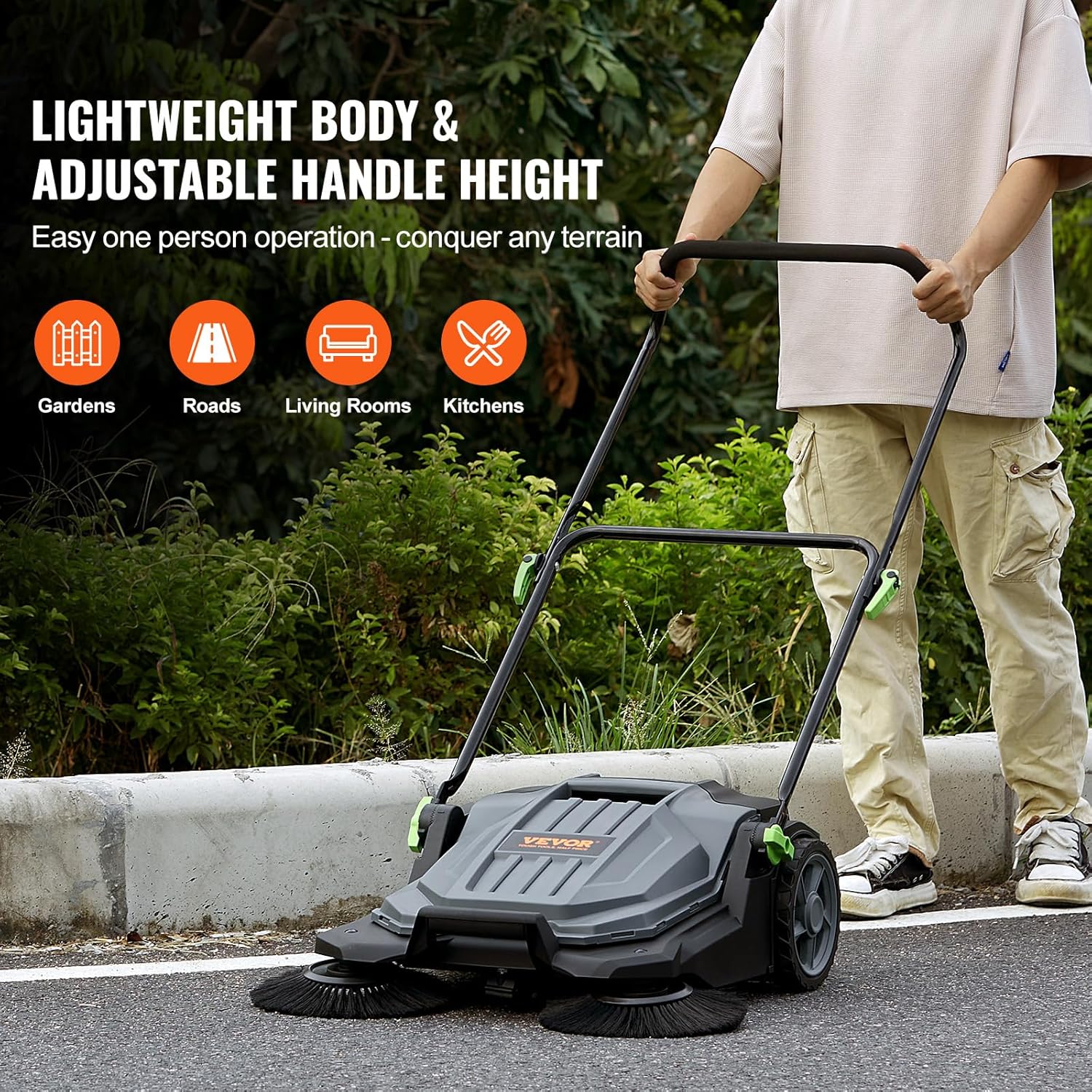 VEVOR Walk-Behind Hand Push Floor Sweeper, 25.6" Sweeping Width Floor Sweeper Manual Non-Electric, 5-Gallon Waste Container, Angle & Height Adjustable Folding Handle for Walkway, Yard, Garage, Patio