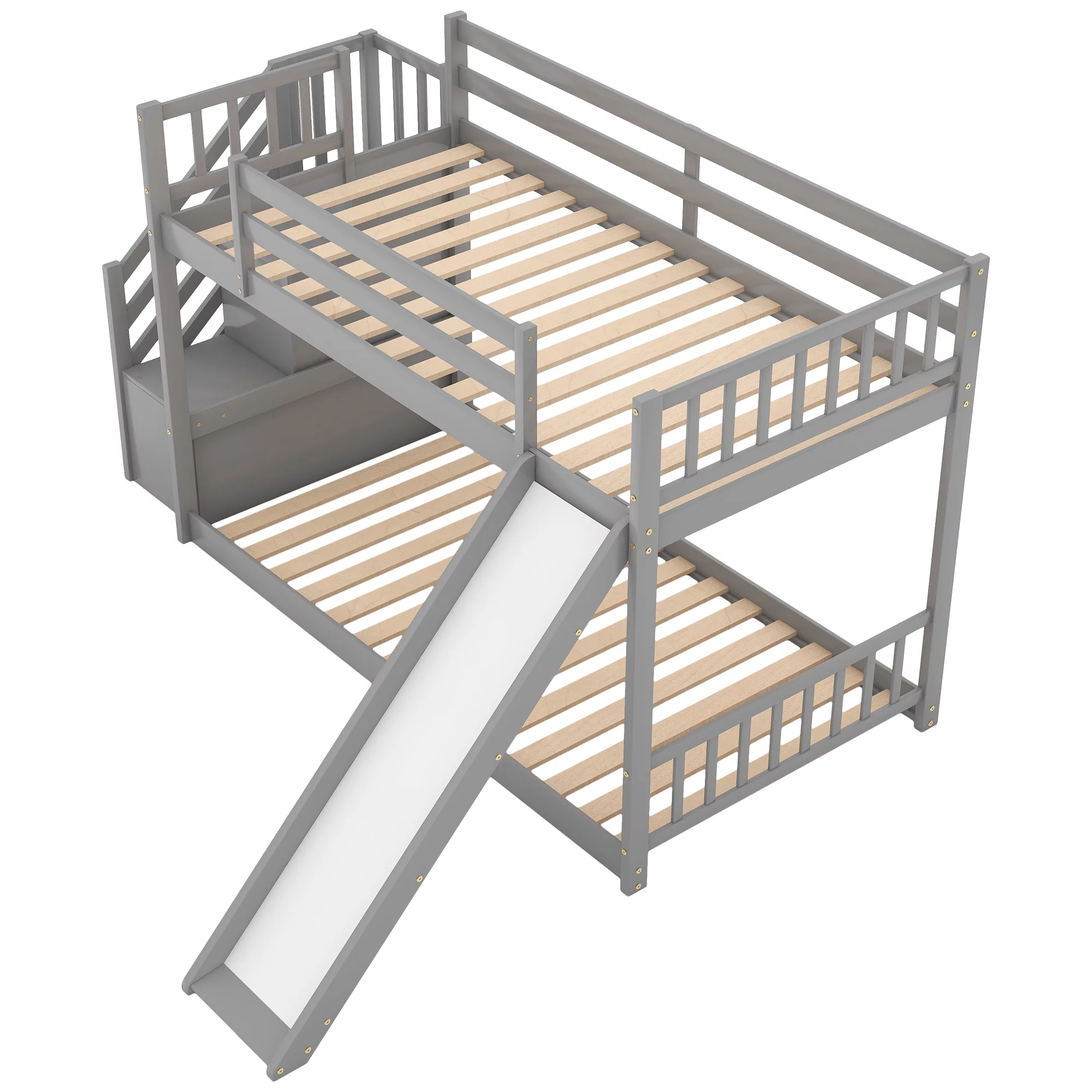 THINK 30,Solid Wood Twin Over Twin Bunk Bed with Convertible Slide and Stairway, Low Bunk Bed with Storage Space Multifunctional Design, Gray