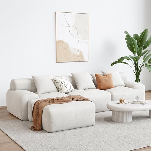 LIKIMIO 118" Modern L-Shaped Modular Sectional Sofa for Living Room, Corduroy Upholstery Green, Oversized 3-Seater Couch with Deep Seat and Movable Ottoman – No Assembly