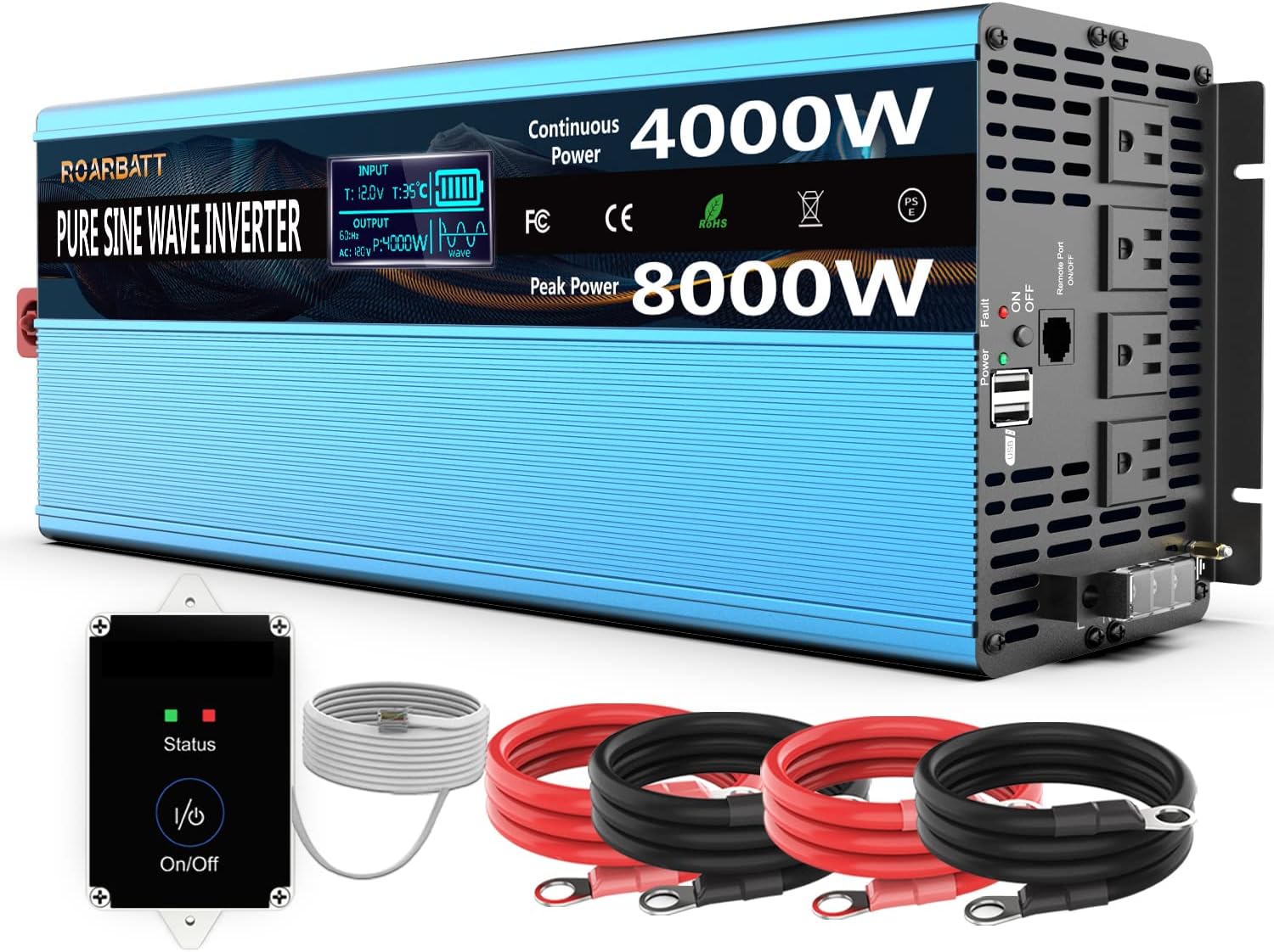 Pure Sine Wave Power Inverters 4000Watt 12V DC to AC 110V 120V Peak Power 8000Watt with Remote Control 4 AC Outlets and Dual USB Port for CPAP RV Car Solar System Emergency
