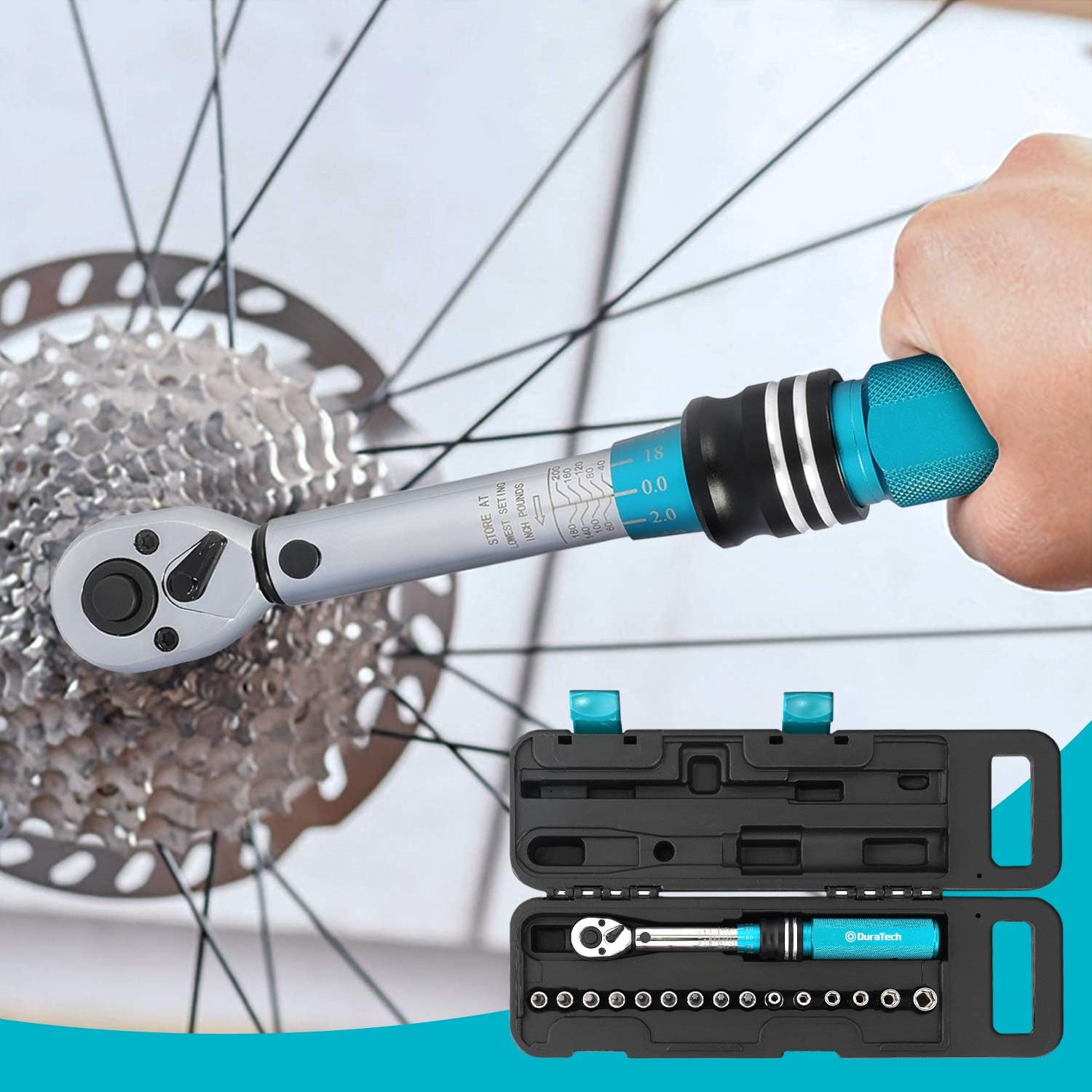 DURATECH 1/2-Inch Drive Click Torque Wrench, 30-160 Ft-lb, with Socket Adapter, Extensions Bar, Storage Case Included