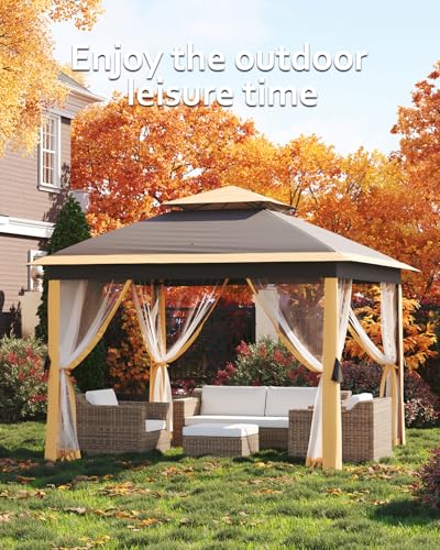 11x11 Pop Up Gazebo Tent with Mosquito Netting, Outdoor Canopy Shelter Easy Setup, Water & UV Resistant - Khaki