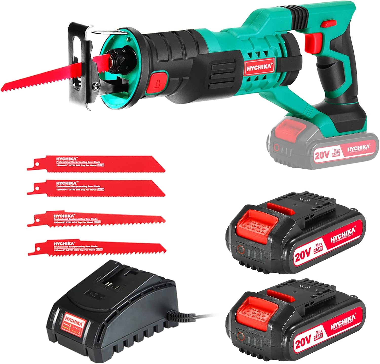 HYCHIKA Cordless Reciprocating Saw 20V 2Ah 2 Batteries 4 Saw Blades, 0-2800SPM Variable Speed, 7/8 Stroke Length Tool-Free Blade Change LED Light for Wood Metal Cutting Pruning