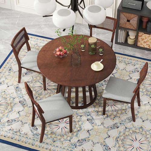 47.2'' Round Dining Table Set for 4 6 Wood Dining Room Table and 4 Upholstered Chairs 5-Piece Kitchen Table Leisure Coffee Table with Rattan Backrests Chairs, Walnut