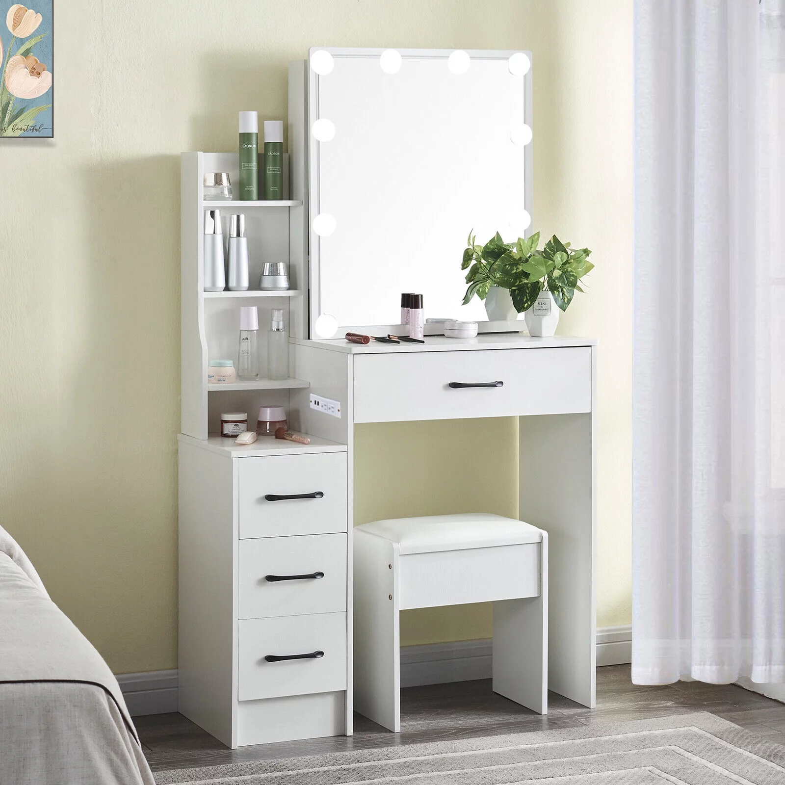 4 Drawers Makeup Vanity Desk with Power Outlet & Stool Mirror and 10 Bulbs Light
