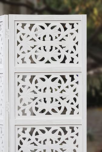 Room Divider Wood Screen - Ghanti Bells Antique Brown - 4 Panel Folding 72 x 80 - Assembled Hand Carved Decorative Functional Versatile Portable Partition Reversible Privacy Boho - COTTON CRAFT