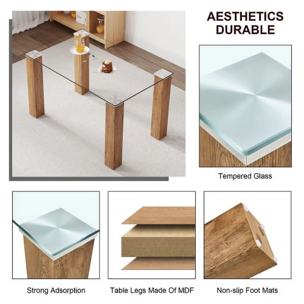 Table And Chair Set, 1 Table And 4 Chairs. A Modern And Minimalist Rectangular Dining Table. Glass Desktop And Wood Colar Mdf Table Legs. Paired With Brown Chairs