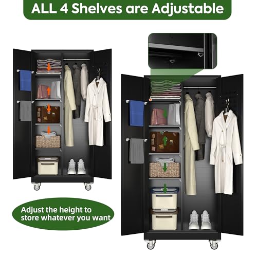 73" H Metal Storage Cabinet with Wheels, Garage Storage Cabinet with 4 Adjustable Shelves and Lockable Doors for Garage Home Office Utility Room,Required Assembly,Black
