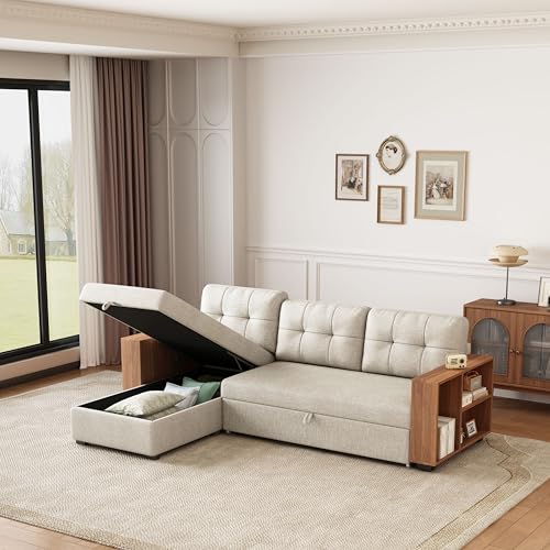 L Shaped Pull Out Couch Bed with Storage Chaise,Convertible Sectional Sleeper Sofa with 2 Wooden Armrests and 3 Removable Back Cushions for Living Room,Office, 84", Beige 1