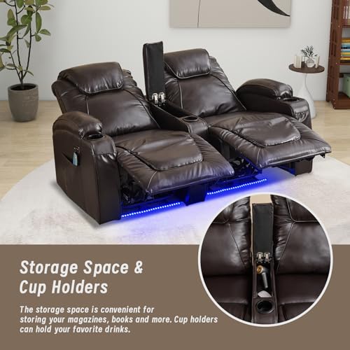 Power Loveseat Recliner Chair, Electric Home Theater Seating with Storage Armrest, Wall Hugger RV Double Reclining Sofa Chairs with Outlet/LED Light/Cup Holder for Living room (Brown)