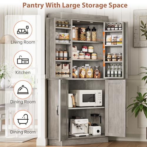 Corner Cabinet, Kitchen Pantry Cabinet, Storage Cabinet with 4 Doors and Shelves, Kitchen Cabinet, Pantry Cabinet, Tall Food Pantry Storage Cabinet Farmhouse Furniture for Kitchen Dining Room, Grey