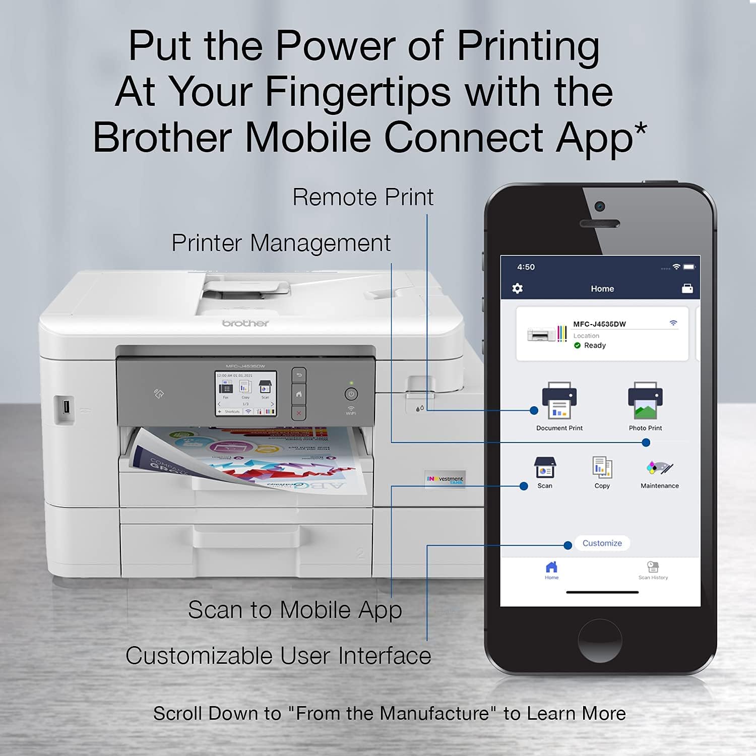 Brother MFC-J4535DW INKvestment Tank All-in-One Color Inkjet Printer with NFC, Auto 2-Sided Printing, Print Scan Copy Fax, Built-in wireless, 4800 x 1200 dpi, White - Bundle with JAWFOAL Printer Cable