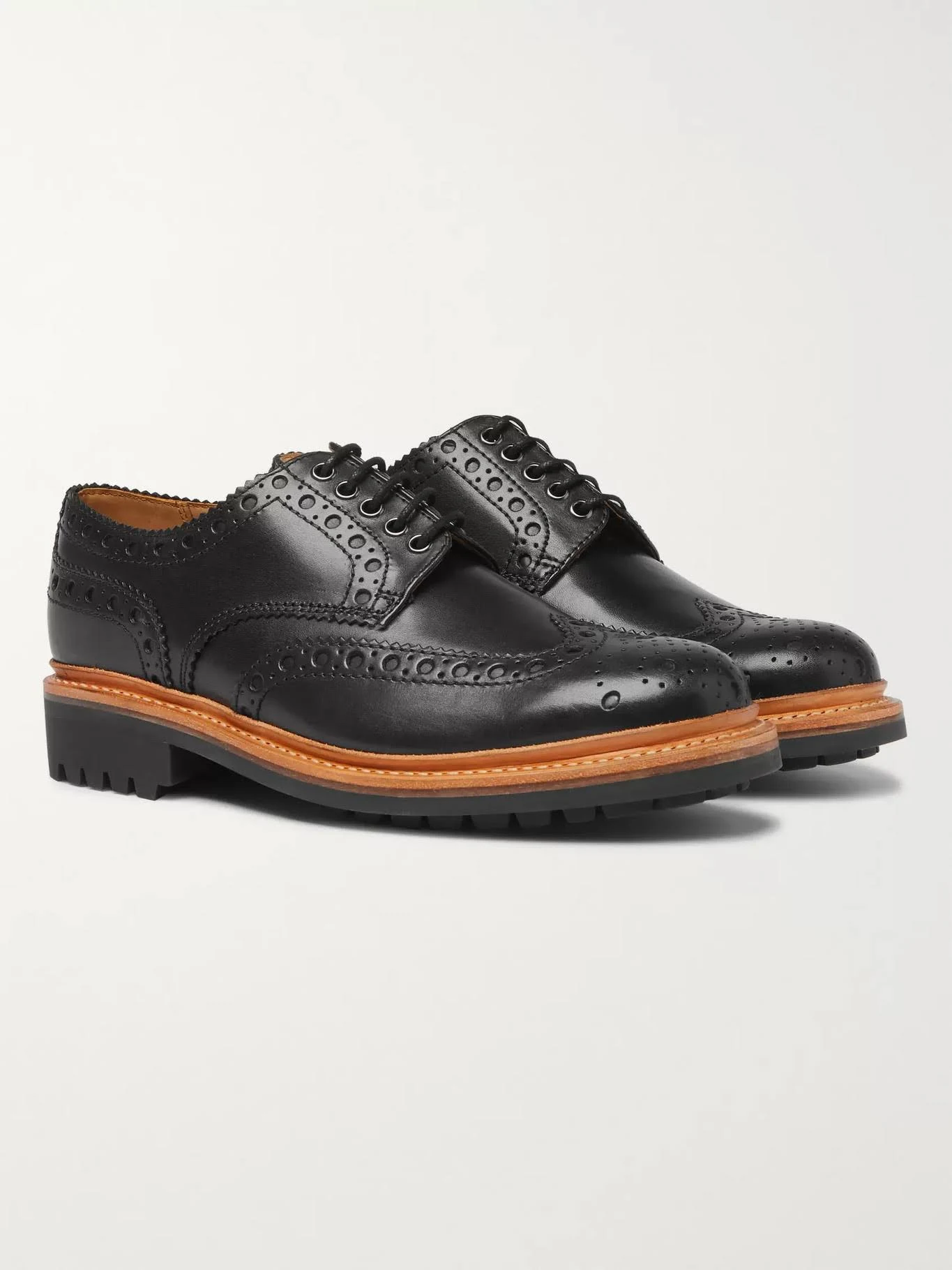 Grenson - Men - Archie Leather Wingtip Brogues Black - Fabric, inner:fabricu0026rubber, sole:rubber:Upper: Fabric, Inner: Fabric