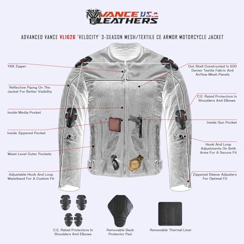 Vance Leather Mens Reflective Mesh & Textile Motorcycle Jacket w/CE Armor & Removable Liner