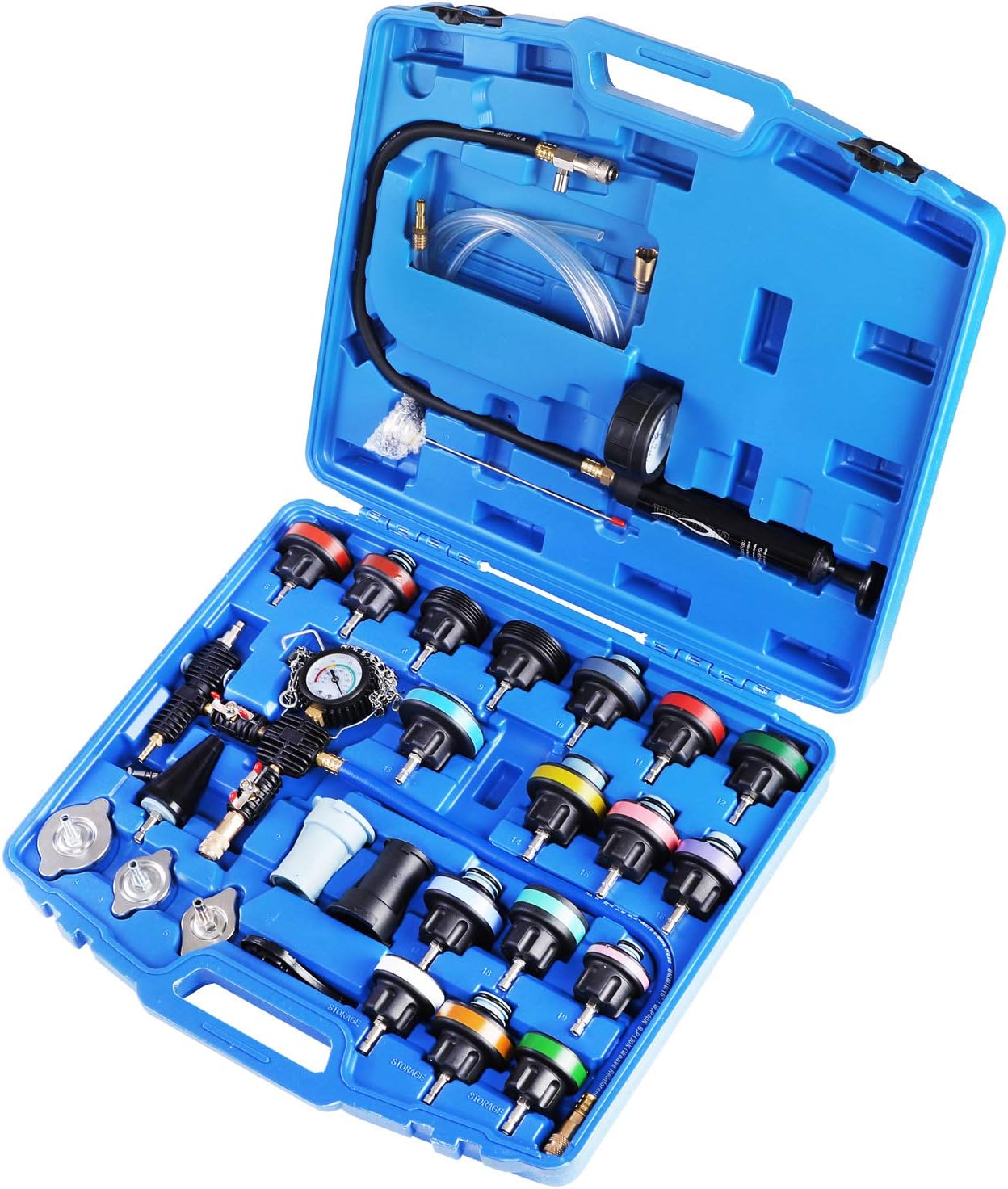 JIFETOR Radiator Coolant Pressure Tester Vacuum Refill Tool Kit, 28PCS Automotive Cooling System Leak Test and Pneumatic Purge Fill Set with Testing Adapter Caps Universal for Airlift Car Auto Truck