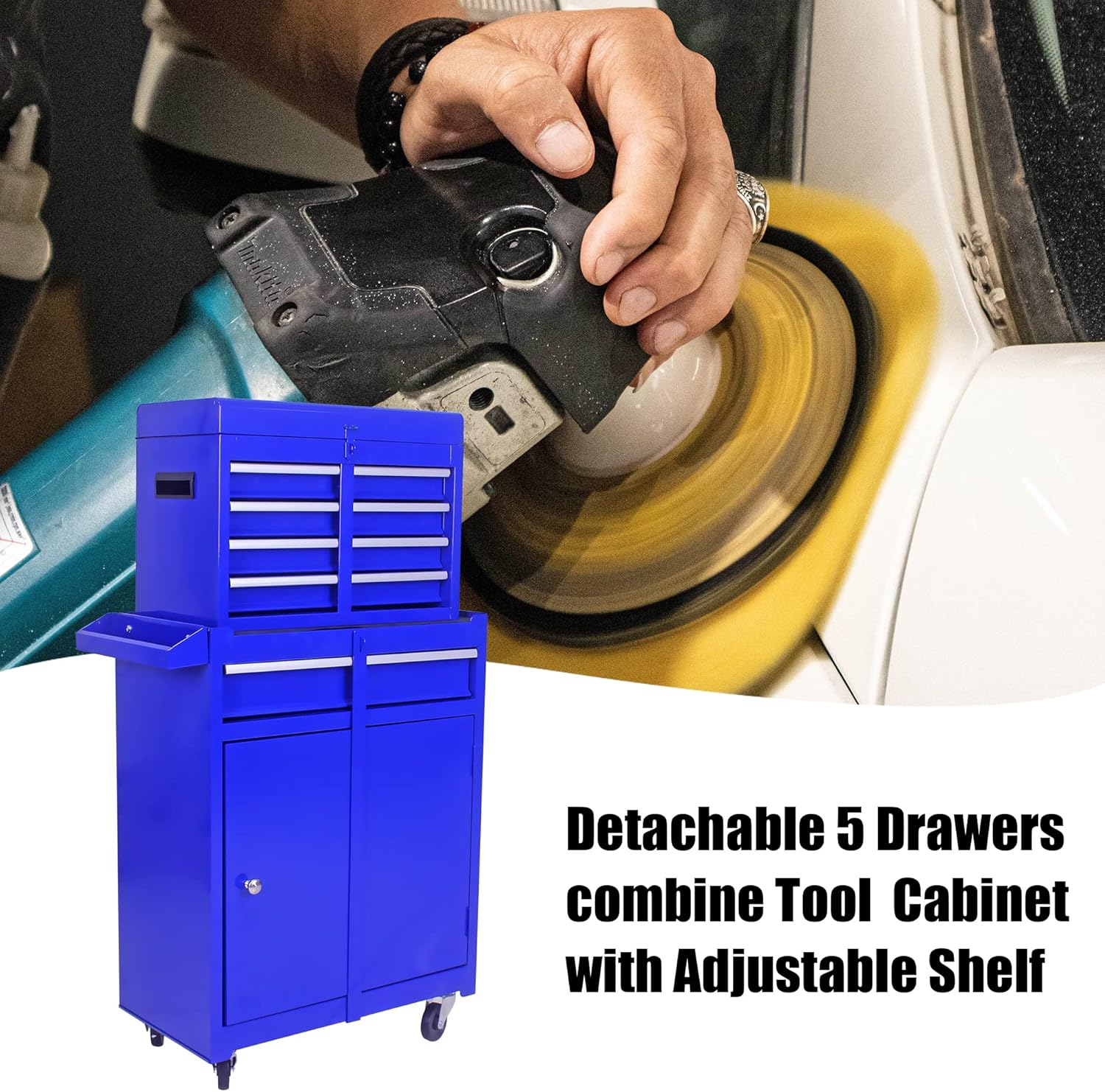 5-Drawers Tool Cabinets On Wheels, Rolling Tool Chest with Drawers, Craftsman Tool Box with Adjustable Shelf, Tool Storage Organizer for Warehouse, Garage, Workshop, Blue