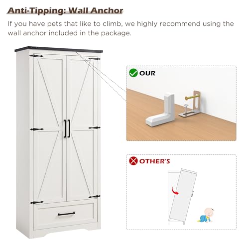 72" Tall Farmhouse Kitchen Pantry with Adjustable Shelves, Wood Rustic Storage Cabinet with Drawer & Barn Doors, Versatile Storage for Dining Room, Living Room, Bathroom, White