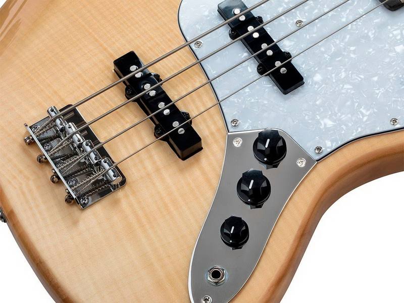 Monoprice Electric Bass - Natural with Gig Bag, Flamed Maple - Indio Jamm