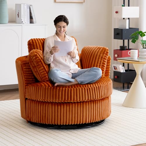 Chair and A Half with Ottoman, 360° Swivel Accent Barrel Chair Modern Comfy Round Reading Sofa Swivel Chairs Circle Lounge Chair for Bedroom Living Room w/4 Pillow Lower Seating Heigh (White, Large)