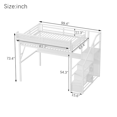 Full Size Loft Bed with Stairs and Storage, Metal Loft Bed Frame with Bedside Shelf and Large Under-Bed Space, Heavy-Duty Bed for Adults Teens and Kids, Black