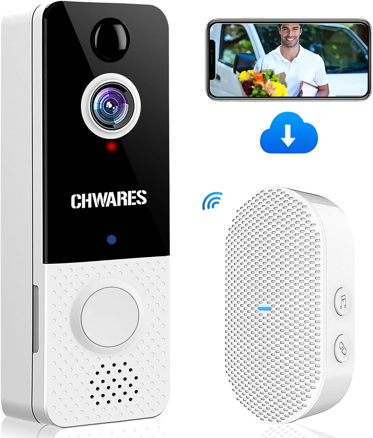 Wireless Video Doorbell Camera 1080p HD with Chime, Motion Detector, Night Vision, 2-Way Audio, Battery Powered, Free Cloud Storage, No Monthly Fee by CHWARES