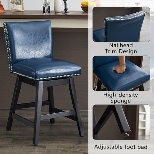 Swivel Bar Stools Set of 2 - Counter Height Bar Stools with Back, Free 360° Swivel, Nail Head Design, Upholstered, Solid Wood Frame for Farmhouse, Rustic & Nordic Style Bars, White