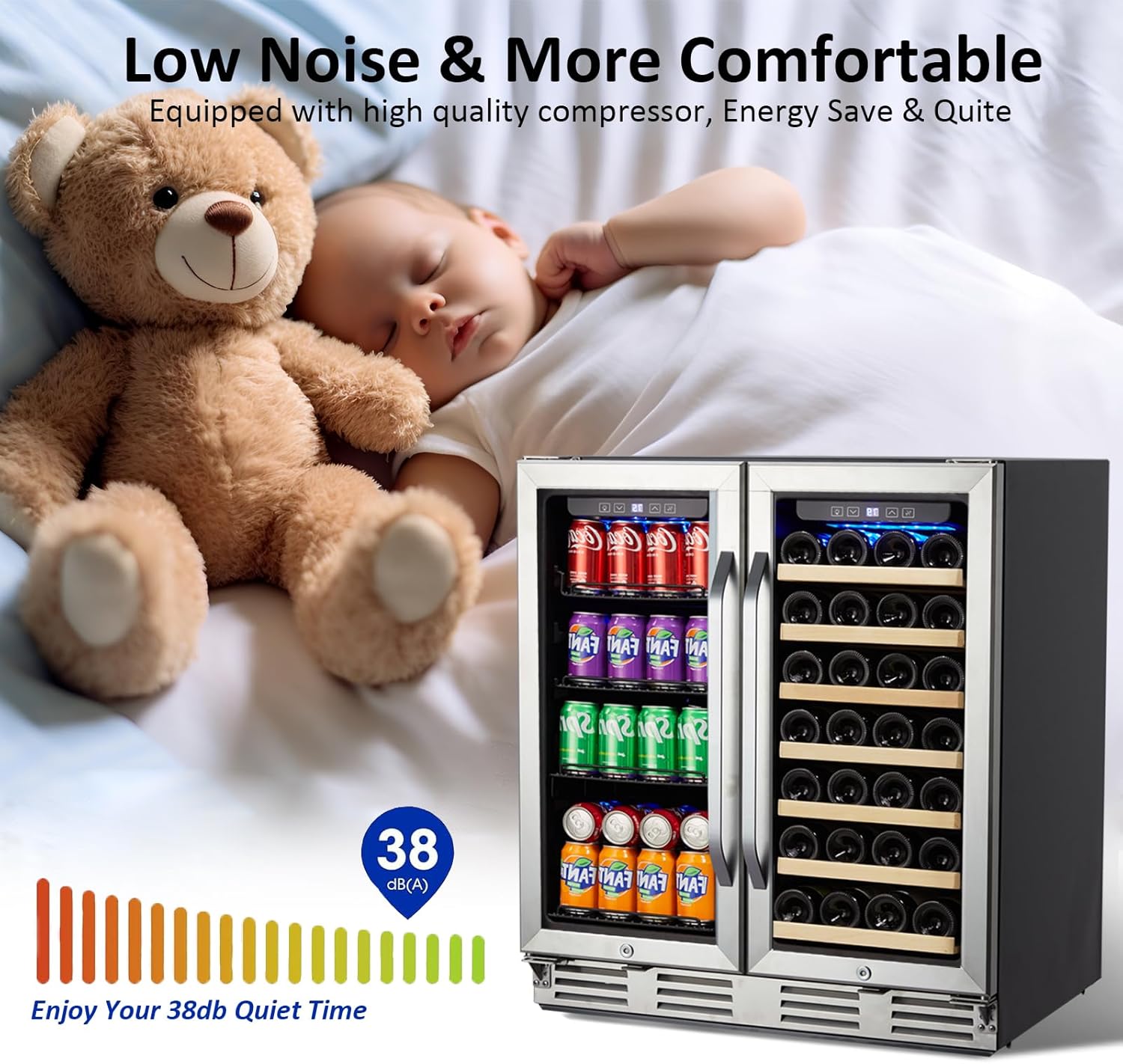 Wine and Beverage Refrigerator, 30 Inch Dual Zone Wine Cooler Refrigerator Wine Fridge with Digital Temperature Control Safety Locks LED Light, Hold 33 Bottles and 100 Cans, Built-In or Freestanding