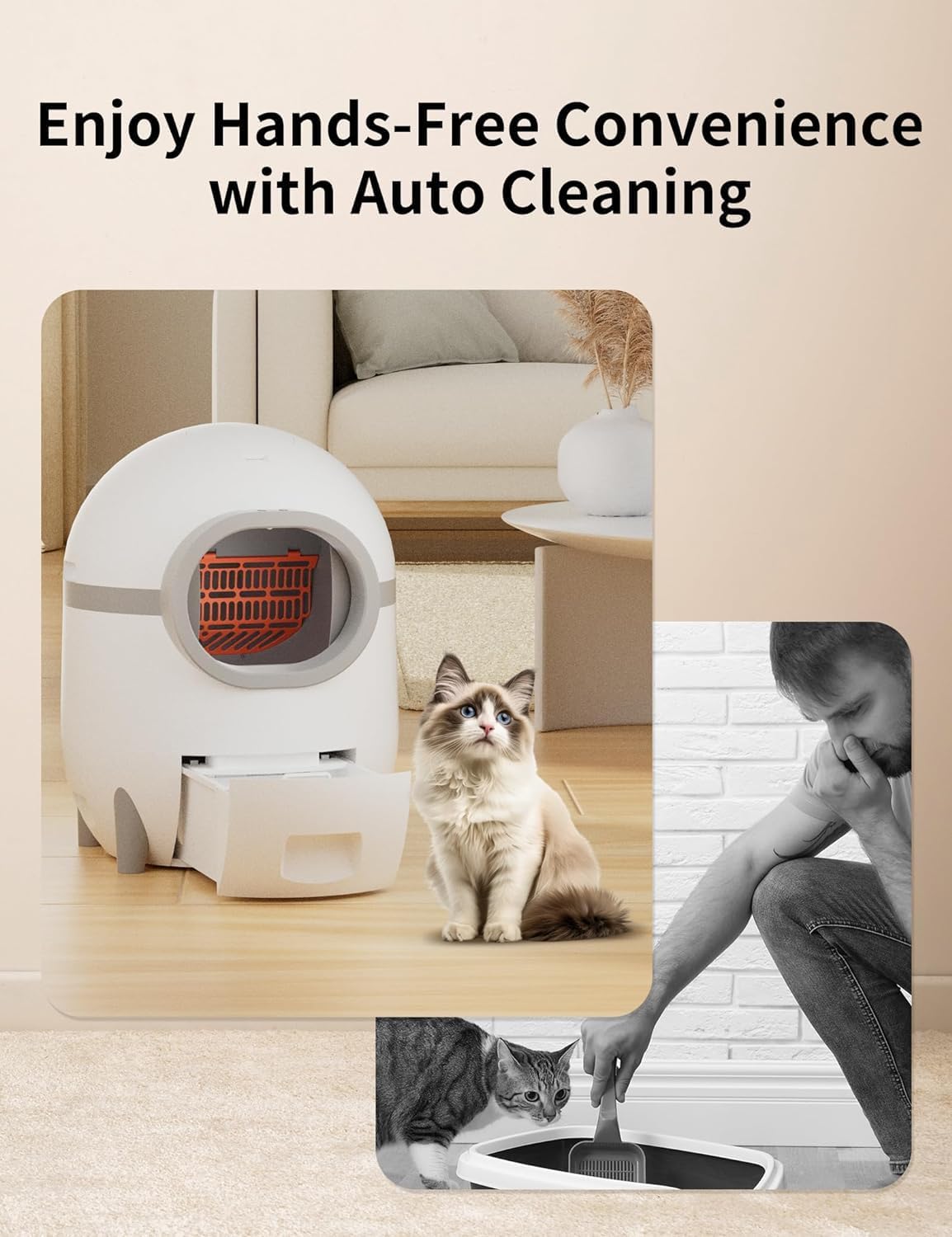 Automatic Self Cleaning Cat Litter Box, 70L Cat Litter Box with 15L Extra Large Waste Drawer for Multiple Cats, Smart APP Control/Safety Protection/Odor Removal Extra Large Capacity Cat Litter Box