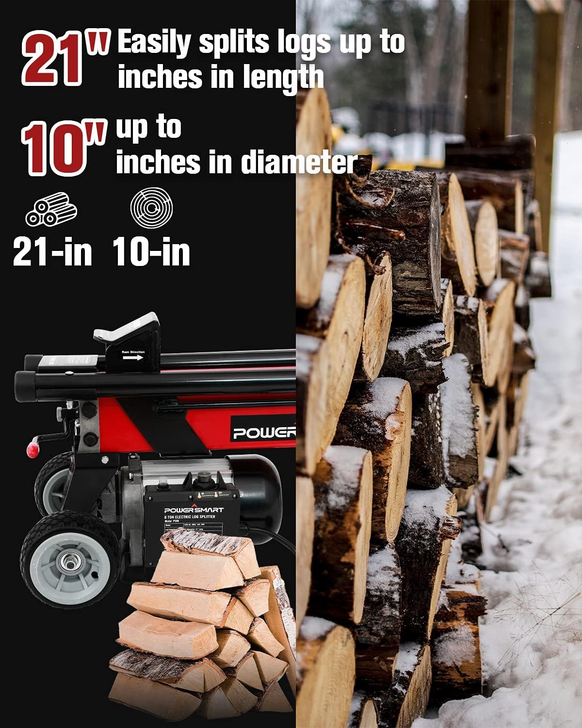 PowerSmart Log Splitter Electric, 6-Ton Hydraulic Log Splitter, 15 Amp Electric Log Splitter, Electric Wood Splitter, Horizontal Full Beam with Steel Wedge for Firewood Splitter Kindling Log Cutter