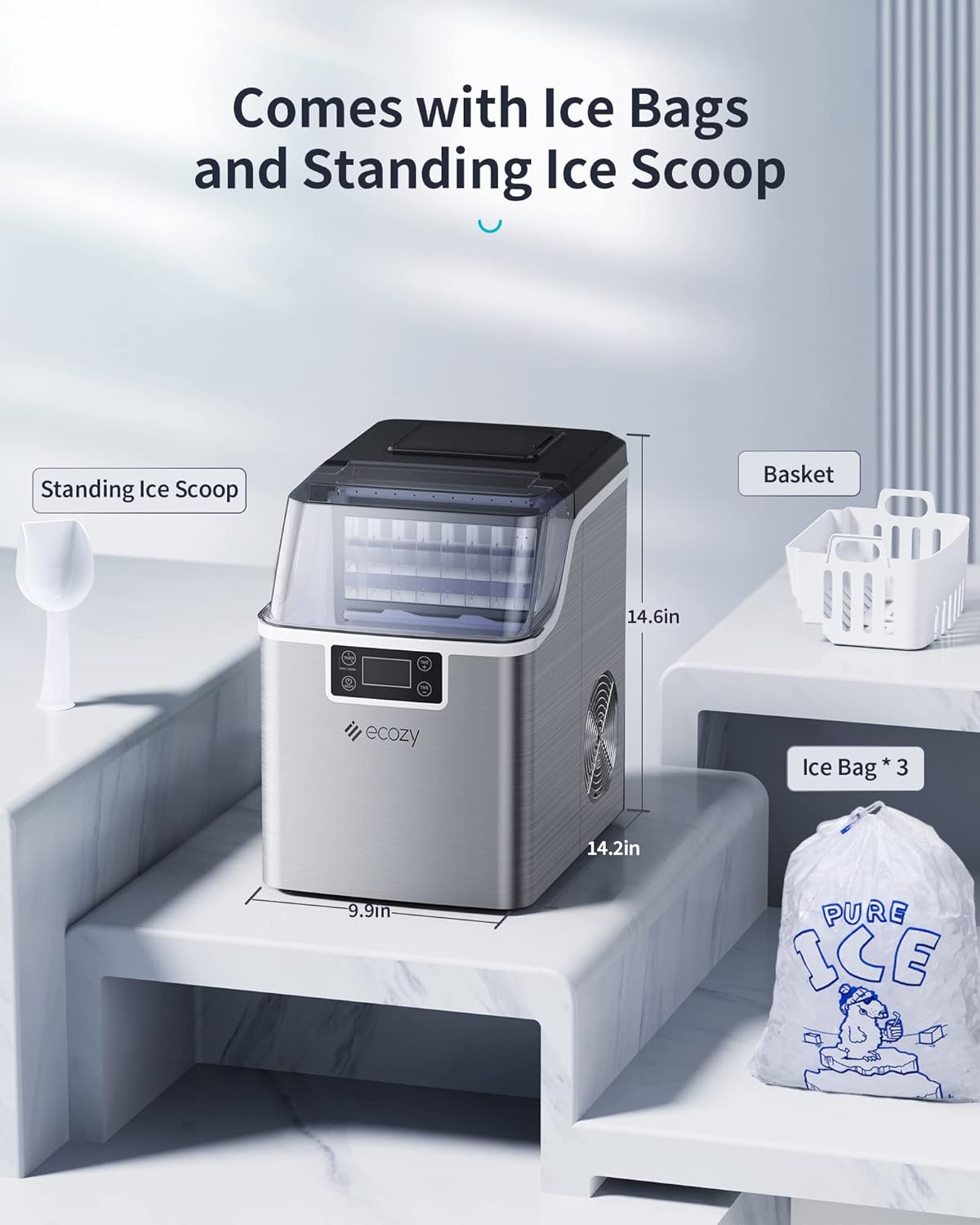 ecozy Portable Ice Makers for Countertop, 44lbs Per Day, 24 Cubes Ready in 13 Mins, 2 Ways to Add Water, Self-Cleaning Ice Maker with Ice Bags/Scoop/Basket for Home Office Bar Party, Silver