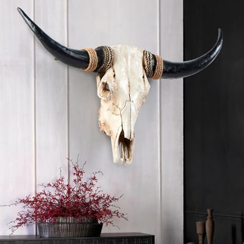 Ysjndasm Long Horns Wall Decor Cow Skull Wall Hanging - Longhorn Skull Faux Taxidermy Head Cow Skull Wall Decor Large Bull Skull Wall Sculpture Farmhouse Decor, 31 x 24 x 7 inch (Black)