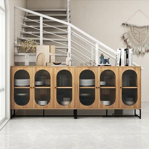 Henf Sideboard Buffet Cabinet with 3 Fluted Glass Doors, Modern Wood Kitchen Storage Cabinet Sideboard w/Height-Adjustable Shelf, Accent Console Table for Kitchen Dining Living Room Hallway Office